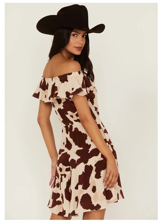 Idyllwind Dresses & Skirts - Idyllwind mini dress cow print Made For This Off-Shoulder ruffle neutral western